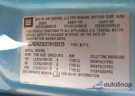 2007 Hummer H2 Suv from USA, damaged, VIN 5GRGN23U27H103375